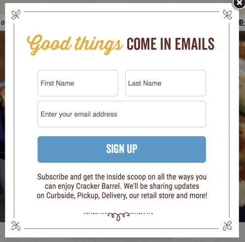 Cracker barrel email popup