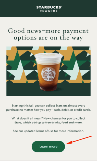 Starbucks email with CTA button