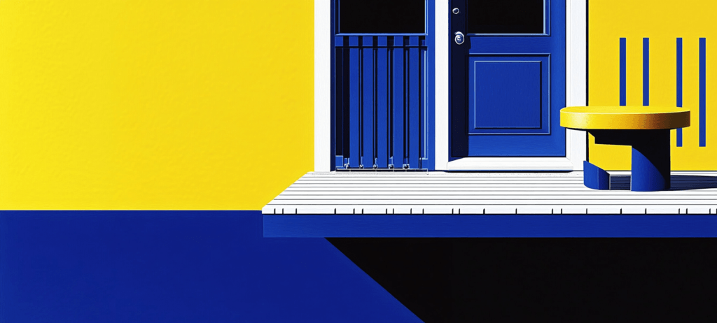 A deck against a blue and yellow background