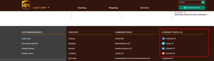 social media icons on ups website