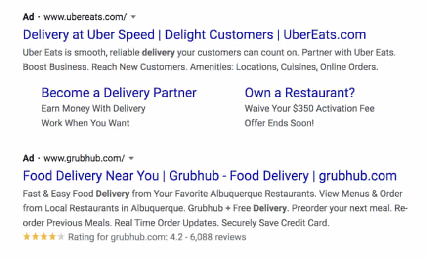 paid search result for food delivery