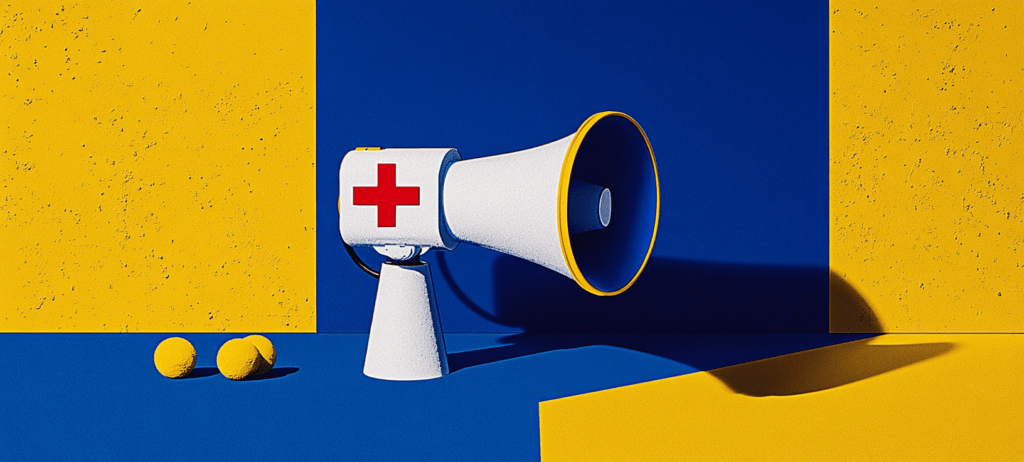 A white megaphone with a red medical cross sits on a blue and yellow background with yellow balls nearby.