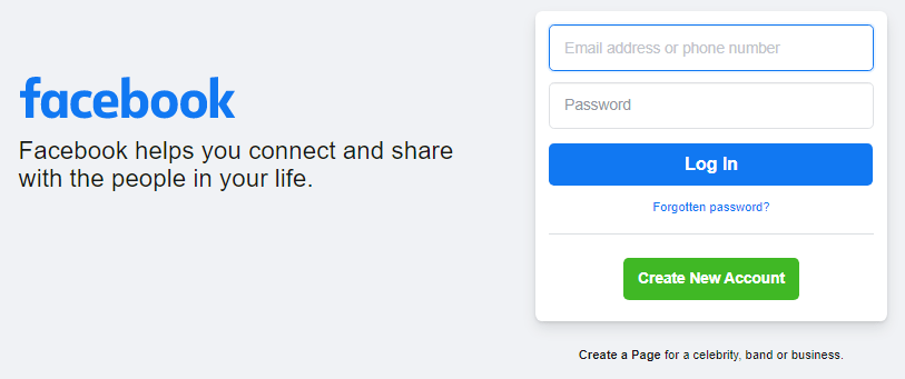 facebook login screen