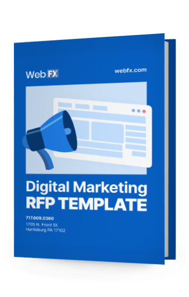 Cover of a 'Digital Marketing RFP TEMPLATE' booklet by WebFX with a megaphone and website interface graphic, including contact information.