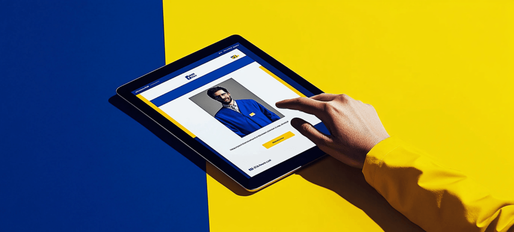 A hand in a yellow sleeve uses a tablet showing a man in a blue uniform, on a blue and yellow split background.