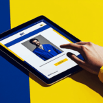 A hand in a yellow sleeve uses a tablet showing a man in a blue uniform, on a blue and yellow split background.