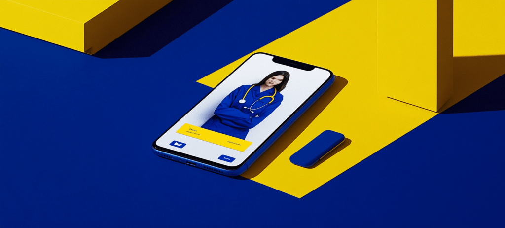 A smartphone displays a woman in a blue coat with a stethoscope, on a blue and yellow geometric background.