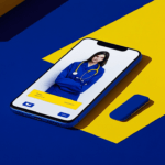 A smartphone displays a woman in a blue coat with a stethoscope, on a blue and yellow geometric background.