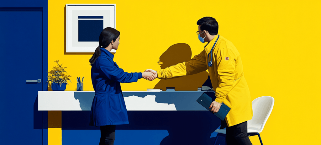 Doctors shaking hands in a blue and yellow office