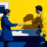 Doctors shaking hands in a blue and yellow office
