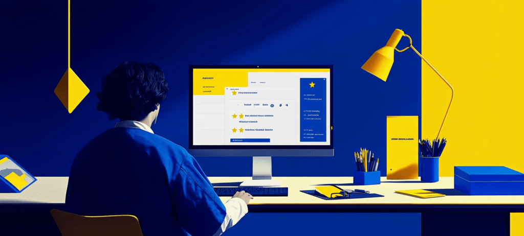 Blue and yellow: Person at desk with computer