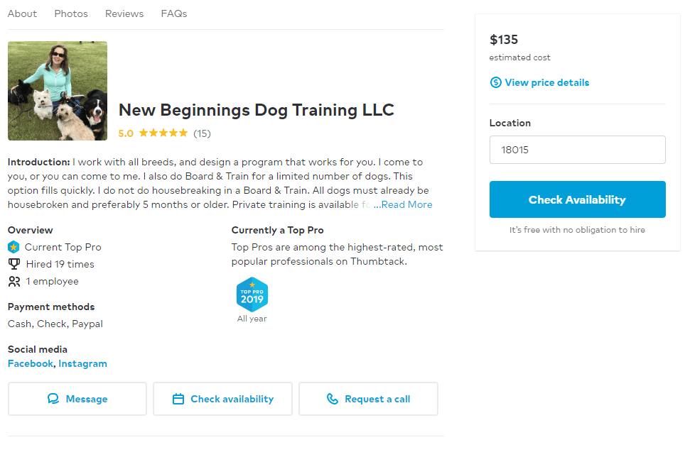 dog training thumbtack listing