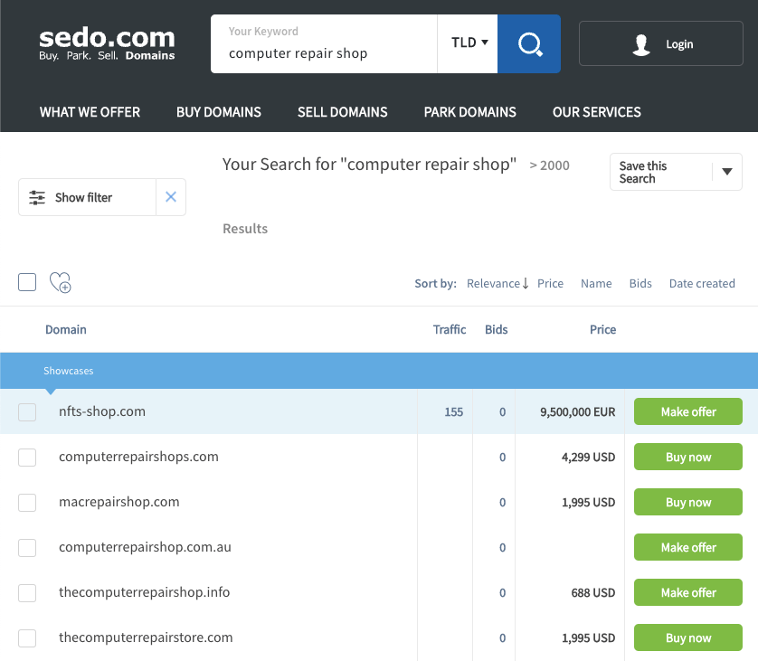 Prices listed on Sedo for a domain's worth