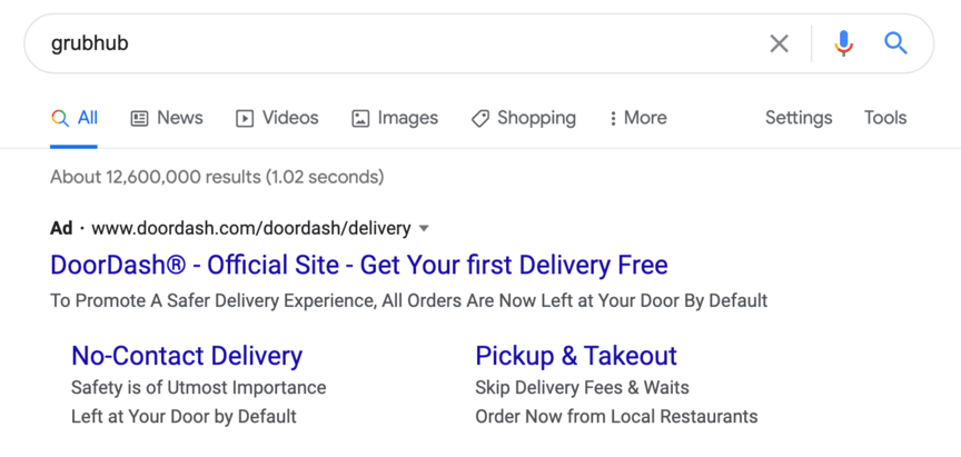 doordash ppc ad in grubhub search