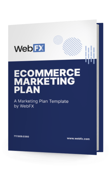 Cover of an 'ECOMMERCE MARKETING PLAN' booklet by WebFX with a blue background and the company's logo and contact information.