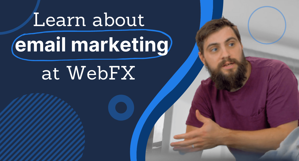 A man in a purple shirt appears to be explaining something with graphic design elements and text stating 'Learn about email marketing at WebFX.'