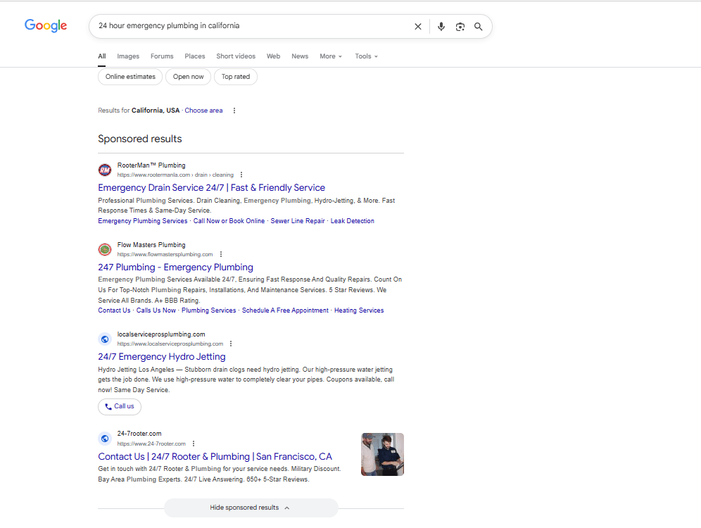 Paid search ads capturing urgent, high-intent emergency plumbing searches at the top of Google results.