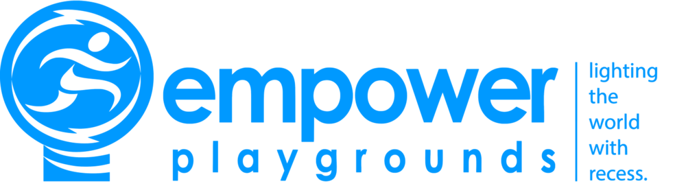 Logo of Empower Playgrounds, featuring stylized text 'empower' with a graphic of a light bulb containing a globe, followed by 'playgrounds' in smaller font, and the tagline 'lighting the world with recess' to the right.