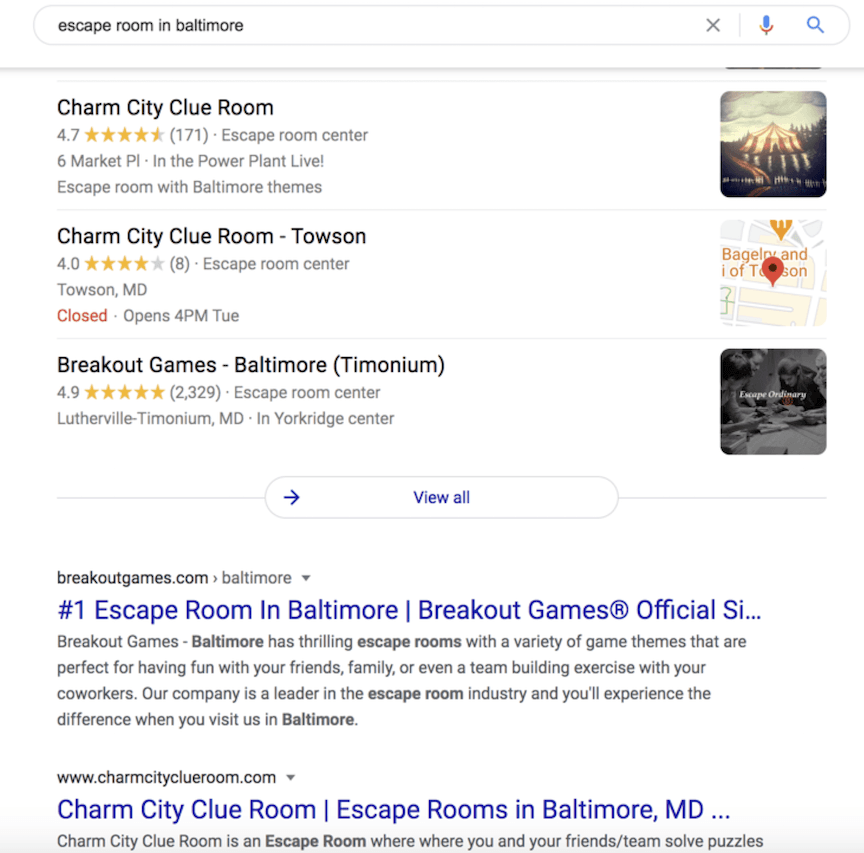 escape room baltimore serp
