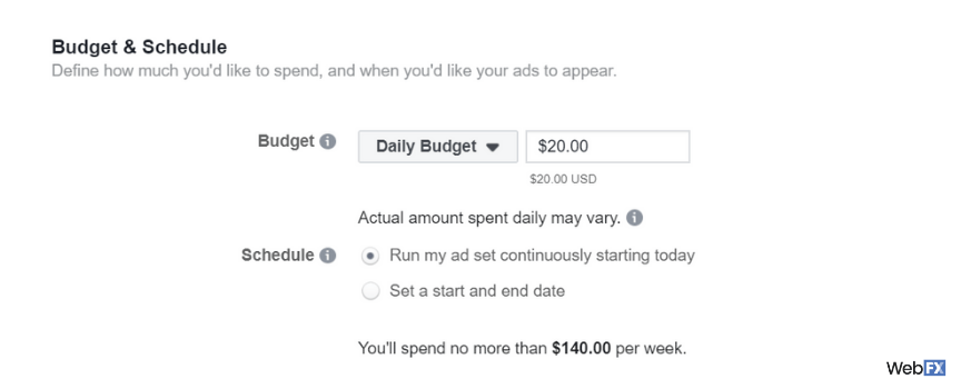 een screenshot van budgetopties in Facebook ads