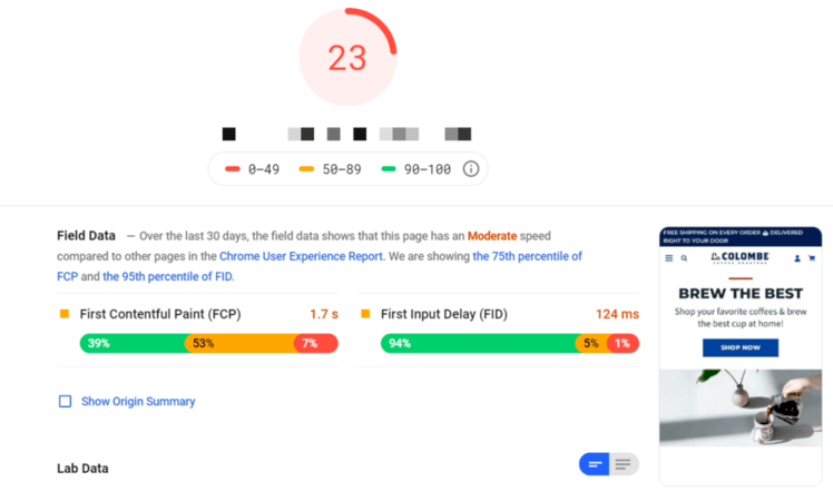 Food product website page speed