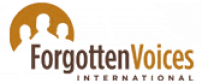 Logo of Forgotten Voices International, featuring an orange globe with silhouettes of two adults and a child, and the organization's name in black lettering.