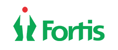 Logo of Fortis, featuring a stylized letter F in green with a red dot above it, followed by the word 'Fortis' in green.