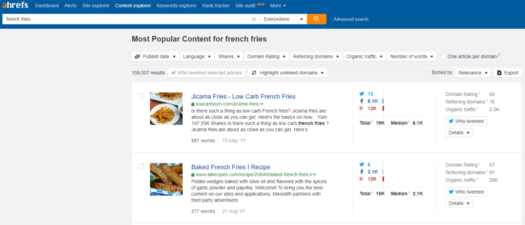 french fries search in ahrefs