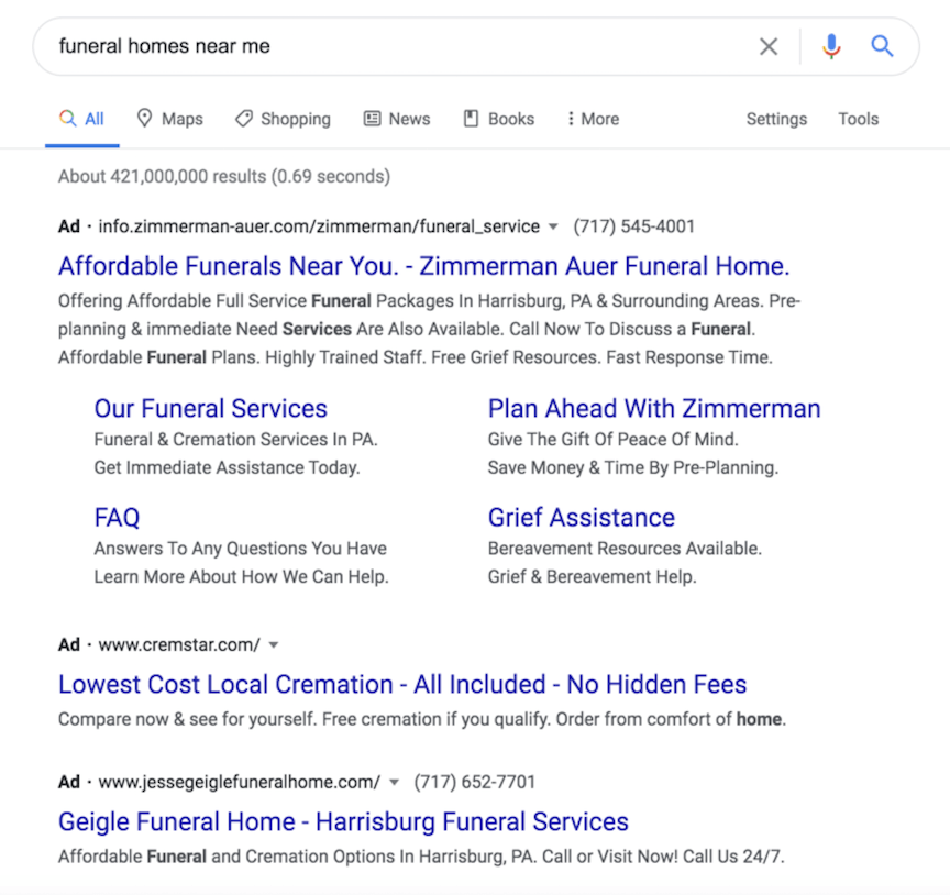 funeral home ppc ads