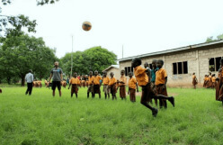 Children in orange shirts playing volleyball on a grassy field in front of a school building.