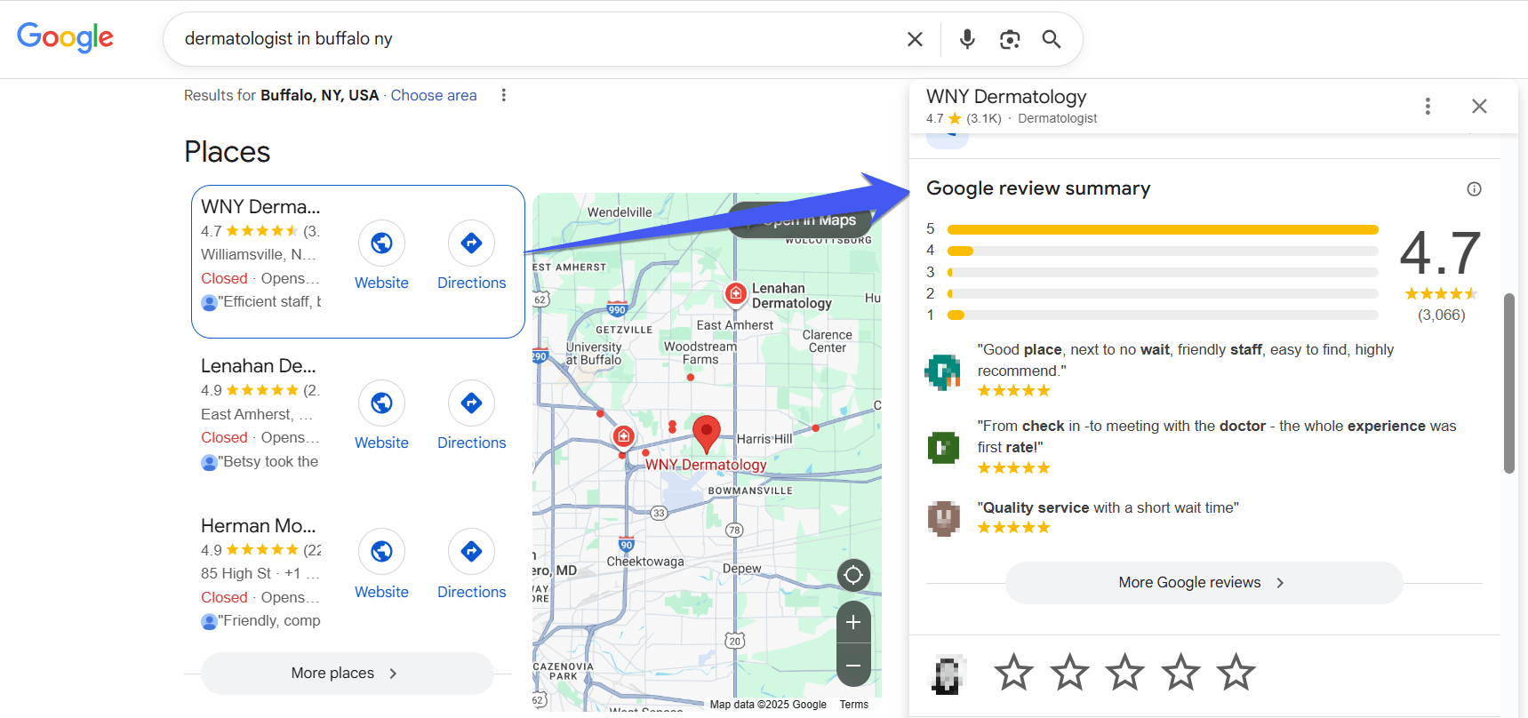 Google review summary shows your dermatology practice’s average review rating and patient reviews