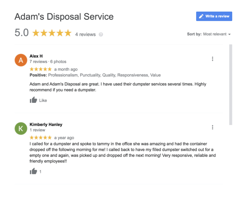 Google my business reviews for waste management