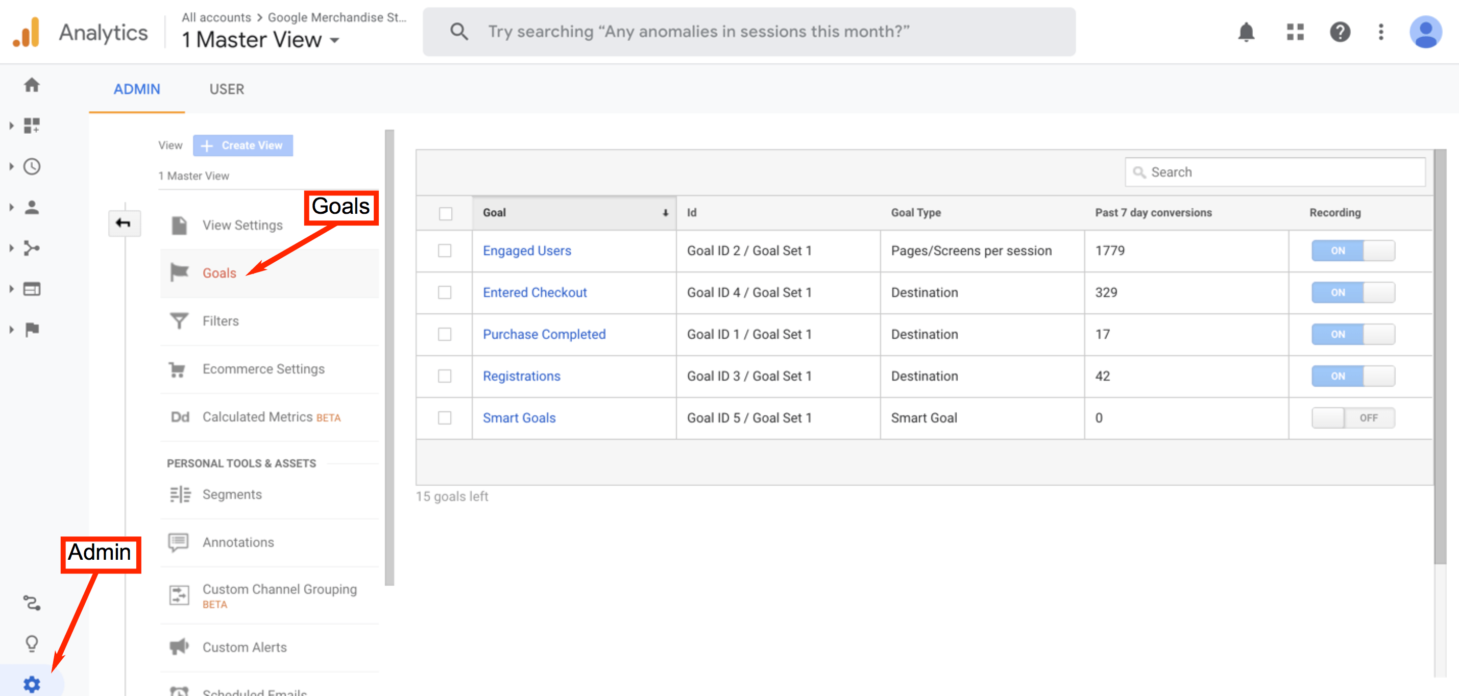 Google Analytics goals screen