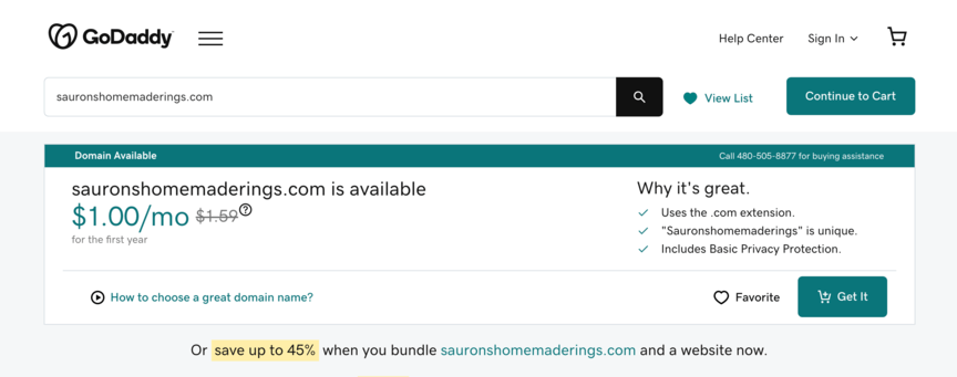 GoDaddy sample website domain search