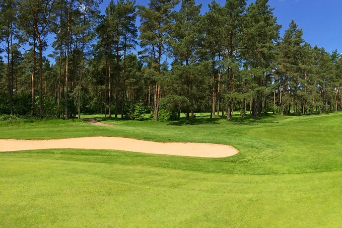 A golf course with a sand bunker in the foreground, a fairway leading to a forest of pine trees, under a clear blue sky.