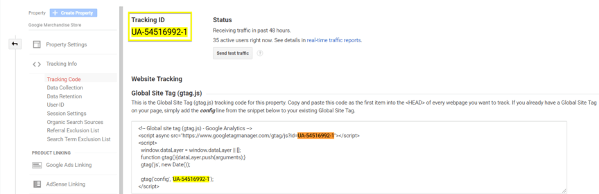 Tracking ID code in Google Analytics