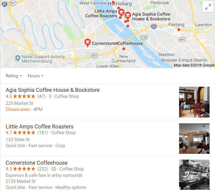 google maps three pack search result coffee shops