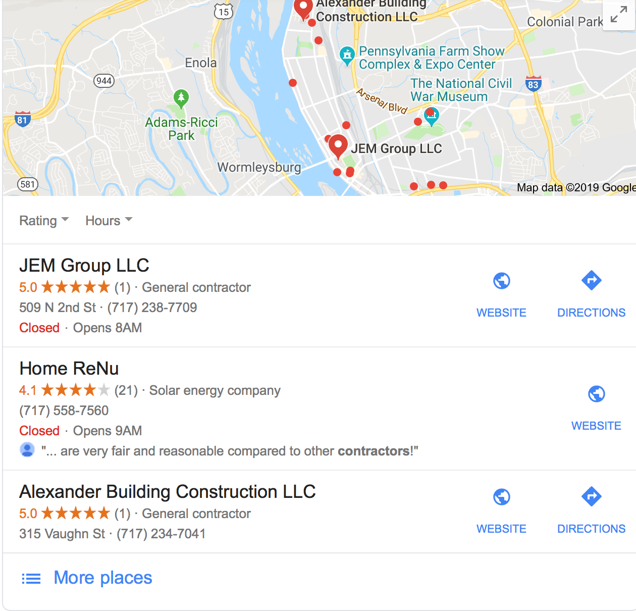 Google My Business results for contractors