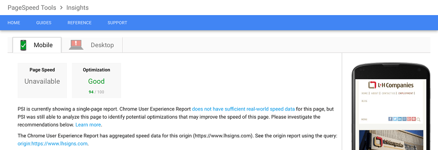 google pagespeed insights for sign companies