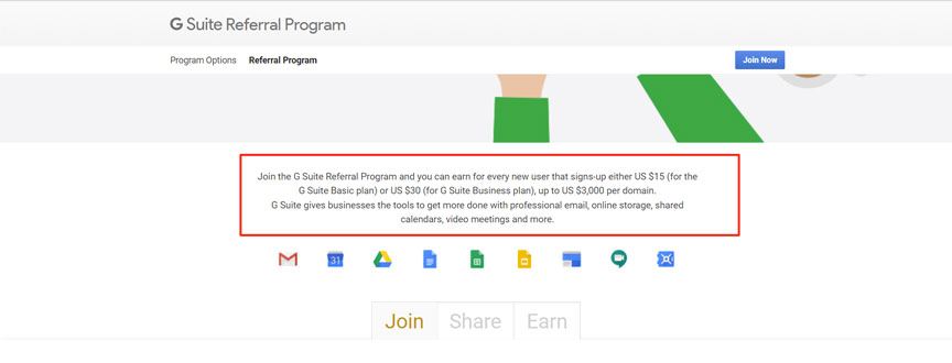 google suite referral program screenshot