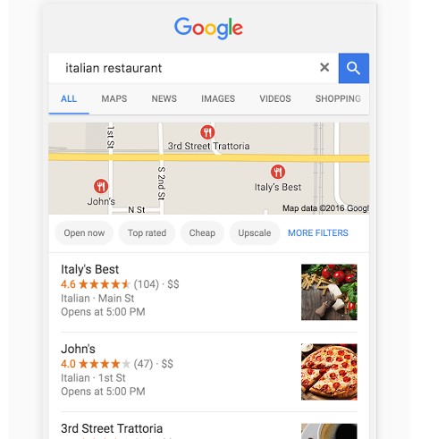 Italian restaurant Google my business search results