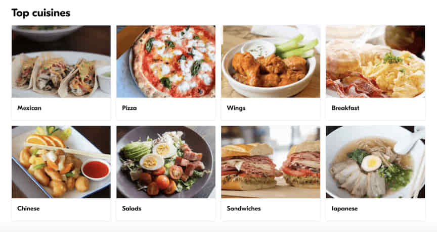 gallery of types of food; mexican, pizza, breakfast, etc.