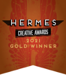 Hermes Creative Awards 2021 Gold Winner emblem with a winged design on an orange background.