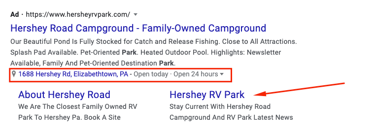 location ad extensions campground example