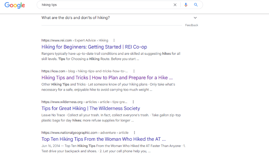 screenshot of the SERP of the search term “hiking tips”