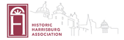 Logo of the Historic Harrisburg Association featuring a stylized building with an arch window next to the association's name and a line drawing of a cityscape above.