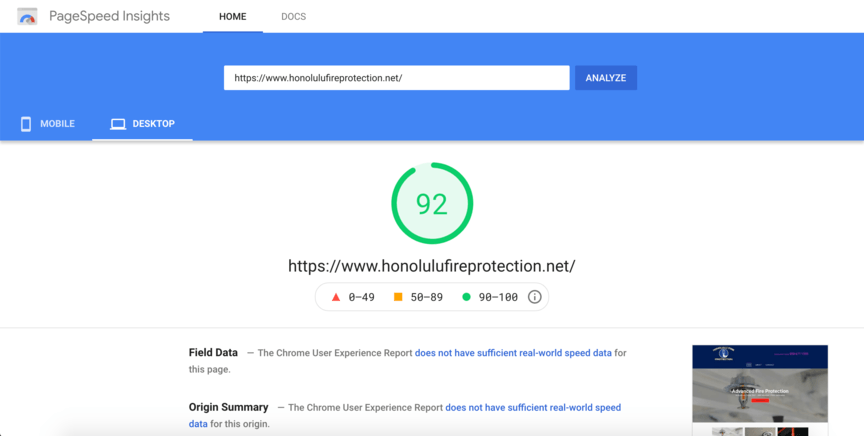 honolulu fire protection pagespeed insights