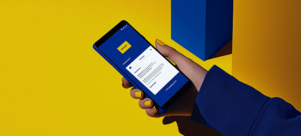 A hand with yellow nail polish holds a smartphone with a blue screen, against a yellow and blue geometric background.
