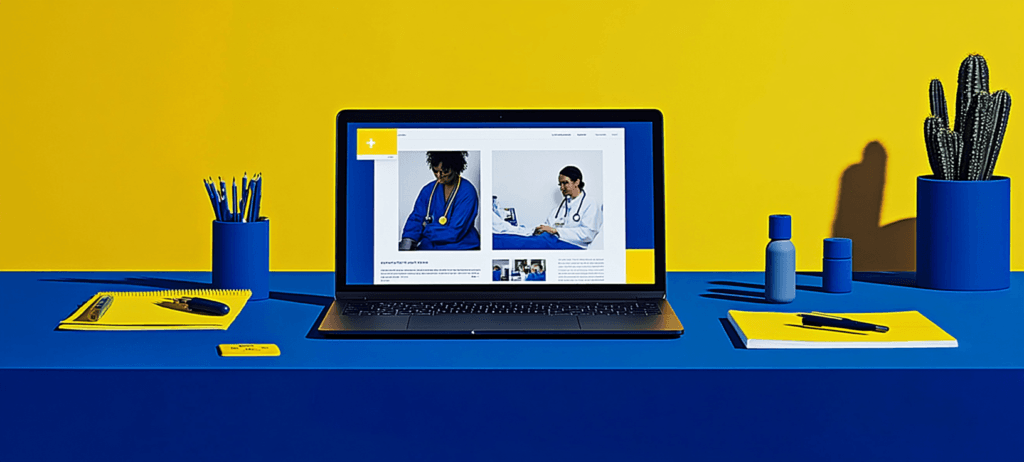 A laptop on a blue desk displays medical images, with blue and yellow office supplies and a yellow background wall.