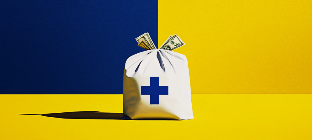 A white bag with a blue medical cross and cash sticking out sits on a yellow surface.
